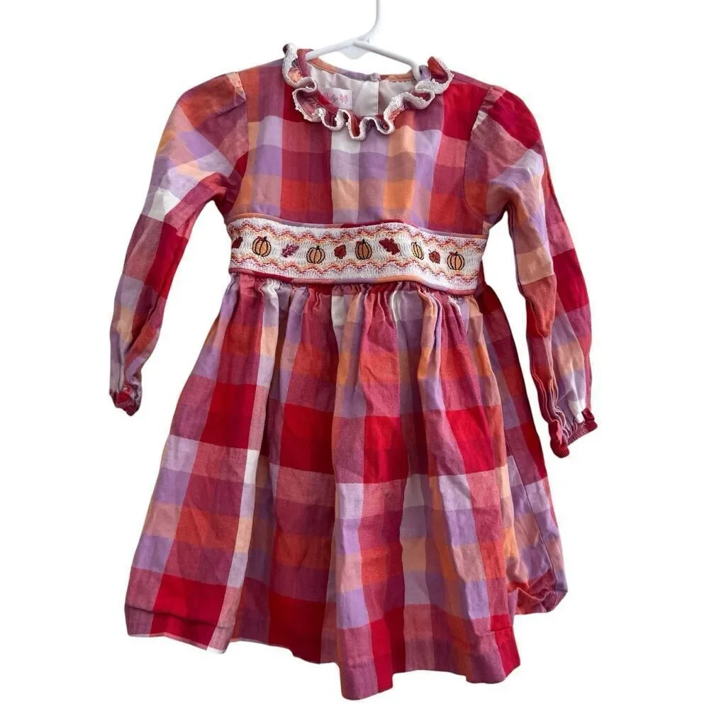 Bonnie Baby Baby Girl Harvest Smocked Long Sleeve Plaid Dress 24M NWOT